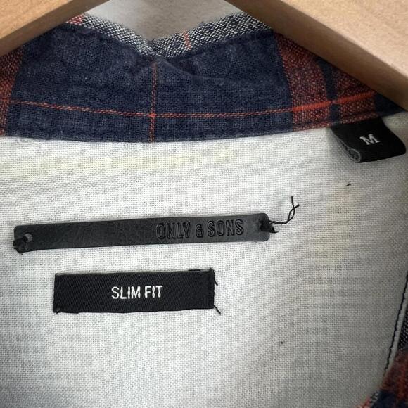 Only & Sons Men's Medium Blue Red Plaid Long Sleeve Flannel Button Down Shirt - Picture 7 of 10